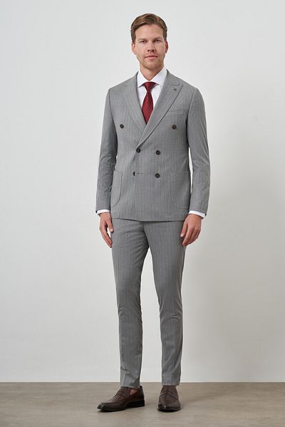Morven Men's Gray Polyviscon Trend Double Breasted Striped Pattern Slim Fit Pointed Collar Suit