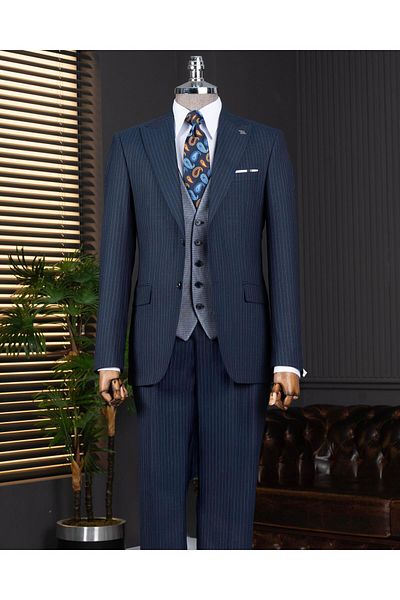 TerziAdemAltun Italian Style Combination Suit Jacket Vest Pant Navy Blue T14042