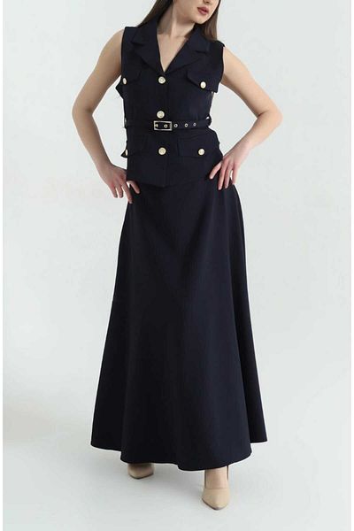 MYGİYİMİSTANBUL Buttoned Vest and Pleated Long Skirt Suit
