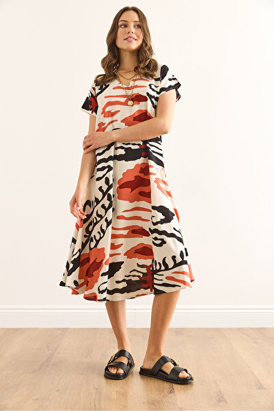 Olalook Women's Patterned Ecru V-Neck Patterned Woven Viscose Midi Bell Dress Elb-19002443