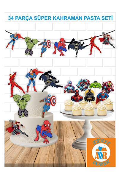 Atölye Doruk 34 PARÇA Süper Kahramanlar Doğum Günü Parti Seti-Çubuklu Pasta S...