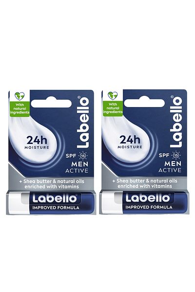 LABELLO Lip Balm Men Active SPF15, 24H Moisture with Shea Butter, Vegan, 4.8g, Pack of 2