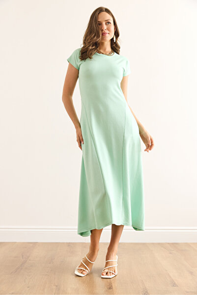 Olalook Women's Mint Green Maxi Crystal Dress with Stitching and Pocket Detail Elb-19002451