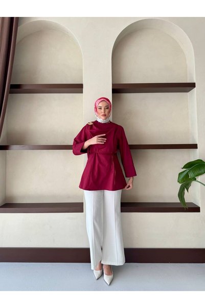 MERETTO By Akıl Premium Quality Poplin Fabric Mobile Belt Brooch Detailed Long Sleeve Shirt