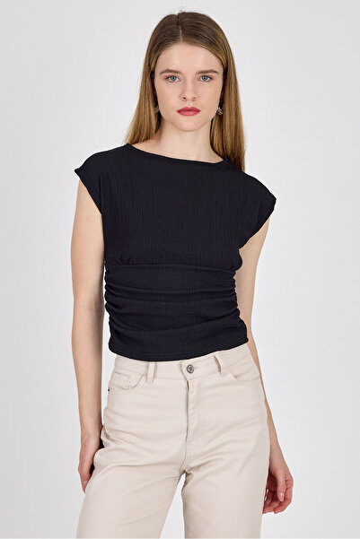 Rays Crna okrugla kragna Bluza sa strukom Naborano 2301