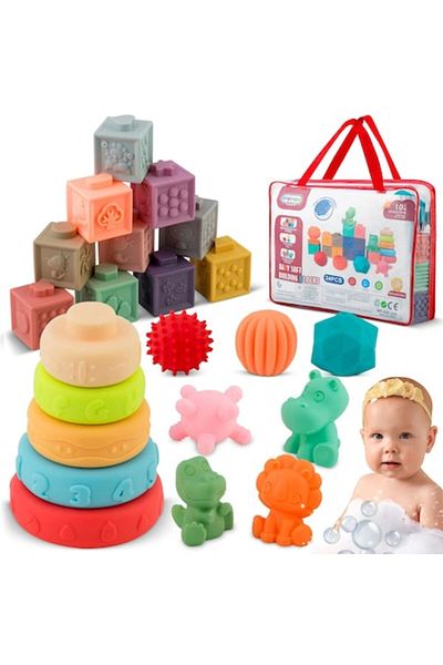 indiggo Set 24 de blocuri senzoriale pentru bebeluși, cauciuc moale, diverse forme, versatile, sigure pentru mușcături, 10+ luni
