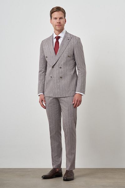 Morven Men's Mink Tend Linen Double Breasted Slim Fit Pointed Collar Suit