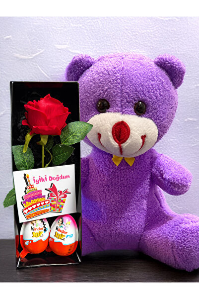 lenostra Dogum Gunu Hediyesi Kiza 25cm Mor Ayıcık Kırmızı Gül ve Kinder Joy Y...