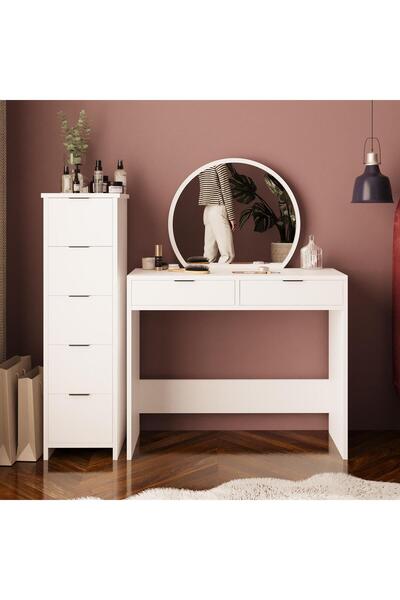 Bimossa Flora Aynalı Makyaj Masası Takımı 2+5 Çekmeceli – Çok Amaçlı Şifonyer Keson Takı Dolaplı Beyaz T2050