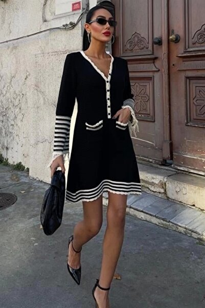 velmorafashion Πλεκτό Φόρεμα με μανίκια με φούντες και κουμπιά 2849