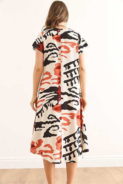 Olalook Women's Patterned Ecru V-Neck Patterned Woven Viscose Midi Bell Dress Elb-19002443