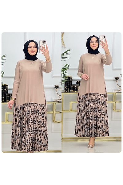 NİSUM MODA Leaf Pattern Sandy Skirt Suit