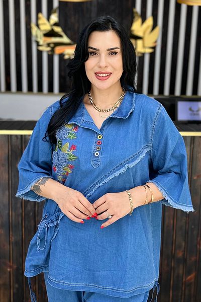 GÖKSEL Embroidered Slim Denim Blouse Plus Size