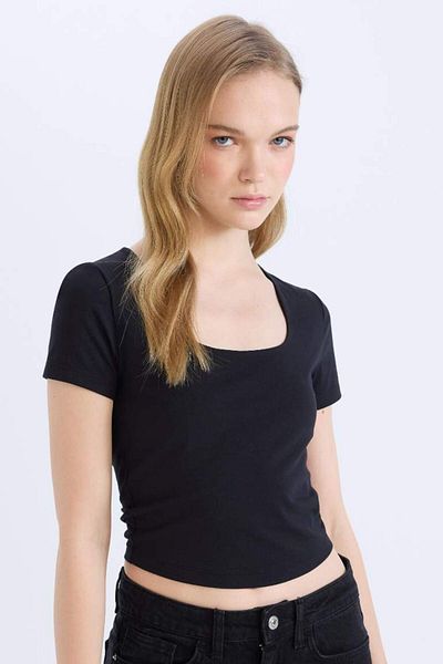DeFacto New Season Fitted U Neck Short Sleeve Black T-Shirt
