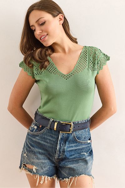 Olalook Γυναικεία πλεκτή μπλούζα Çağla Green μπροστά πίσω V διάτρητη BLZ-19002312