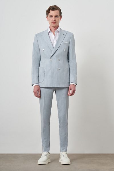 Morven Men's A. Blue Striped Pattern Double Breasted Slim Fit Pointed Collar Suit