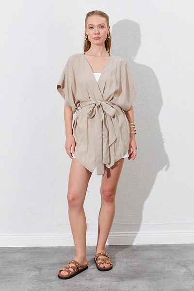 TENA Women's Dark Beige Low Sleeve Belted Kimono