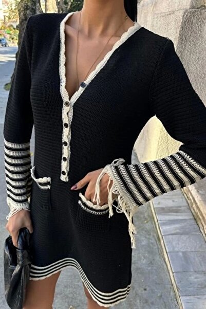 velmorafashion Πλεκτό Φόρεμα με μανίκια με φούντες και κουμπιά 2849