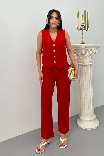 spirituel Women's Top Bottom Set Stylish Gold Button Detailed V Neck Vest Pants Set