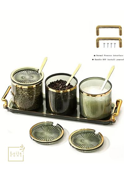 Leila 3-Piece Spice Rack Set with Lid, Spoon and Tray Gift Transparent Green 10 Pieces