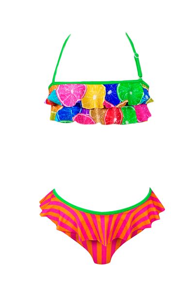 LOOK ME Σετ μπικίνι για κορίτσια με γιακά Halter με πολύχρωμο πορτοκαλί σχέδιο Bandeau Frill 50UV από τη Nessi Byrd