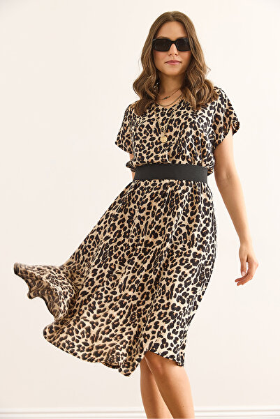 Olalook Women's Leopard Beige V Neck Patterned Woven Viscose Midi Bell Dress Elb-19002443