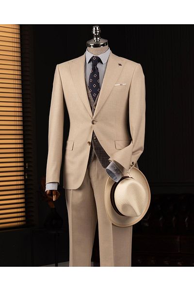 TerziAdemAltun Italian Style Combination Suit Jacket Vest Pant Beige T14037