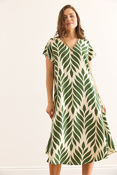 Olalook Γυναικείο φόρεμα με μοτίβο με λαιμόκοψη σε πράσινο φύλλο ELB-19002443