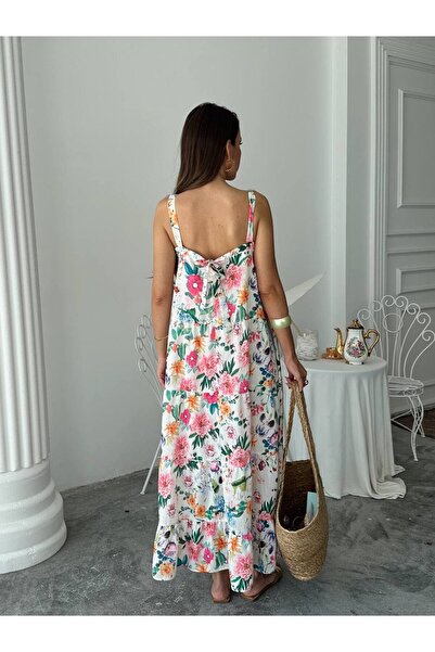 Lusin Women's Floral Patterned Strap Sleeveless Summer Lined Premium Linen Dress