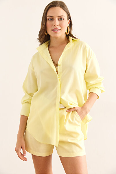 Olalook Women's Light Yellow Hidden Placket Poplin Shirt Gml-19000867
