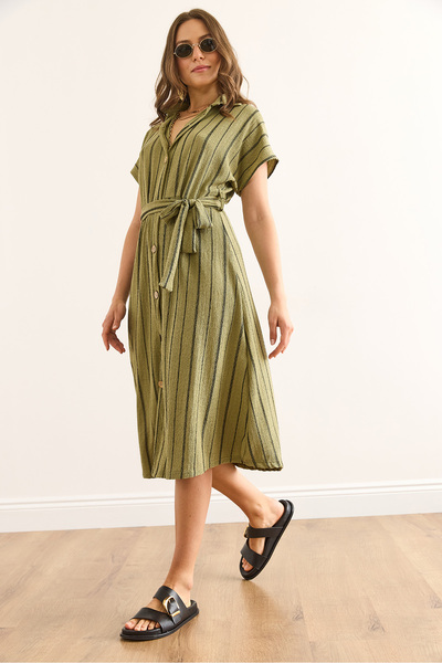 Olalook Γυναικείο Πράσινο Ζωντανό Ριγέ Μίντι Πουκάμισο Φόρεμα ELB-19002450