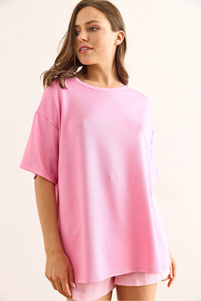 Olalook Γυναικείο μπλουζάκι με ροζ λαιμόκοψη Oversize με απαλή υφή TSH-19000865