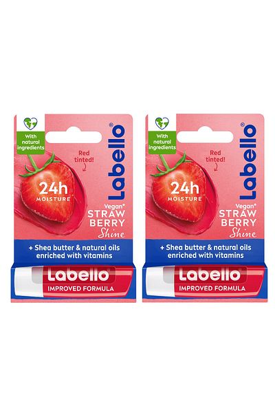 LABELLO Lip Balm Strawberry Shine 24H Moisture with Shea Butter, Vegan, 4.8g, Pack of 2