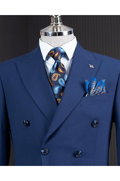 TerziAdemAltun Italian Style Double-Breasted Jacket Pants Suit Navy Blue T14117