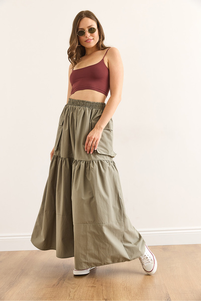 Olalook Women's Khaki Elastic Waist Pocket Maxi Parachute Skirt Etk-19000333