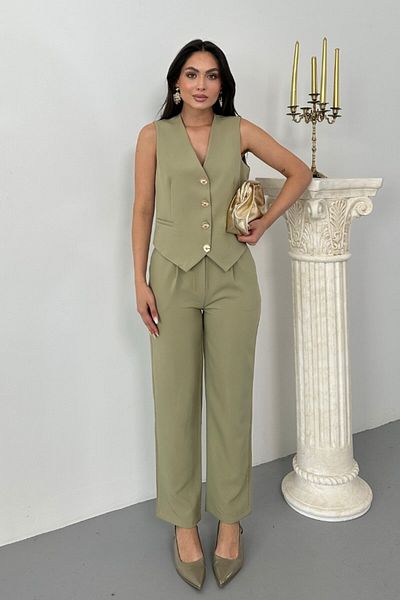 spirituel Women's Top Bottom Set Stylish Gold Button Detailed V Neck Vest Pants Set