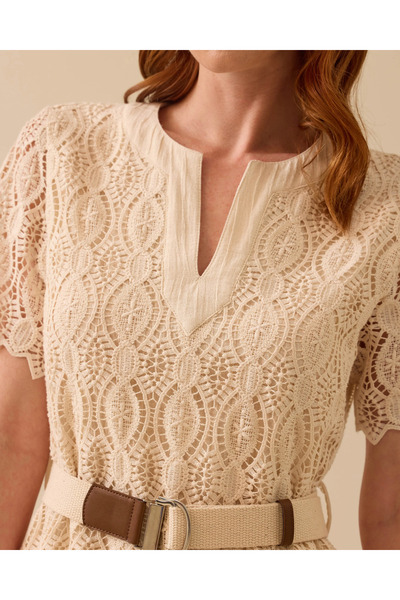 SEÇİL Kemerli Desenli Dantel Elbise