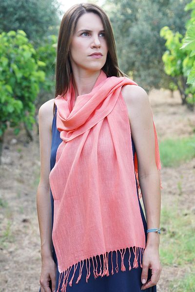 Defne&Apollon İpekçilik 100% Peace Silk Hand Woven Scarf 45 X 200 cm -Salmon-Pink