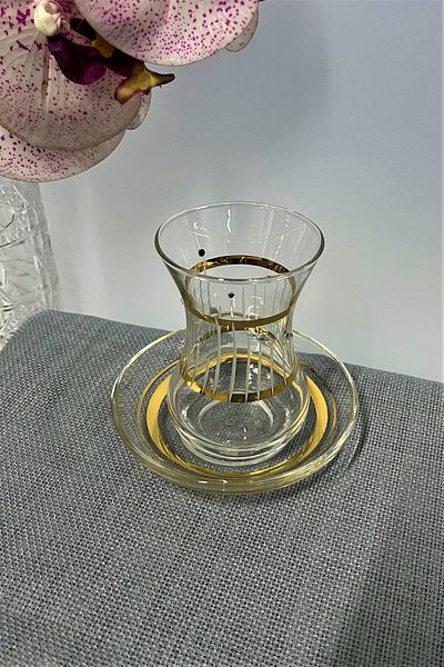 DECOSTYLE Pasabahce İncebelli 125 Cc Gold Detail Printed 12 Piece Tea Set