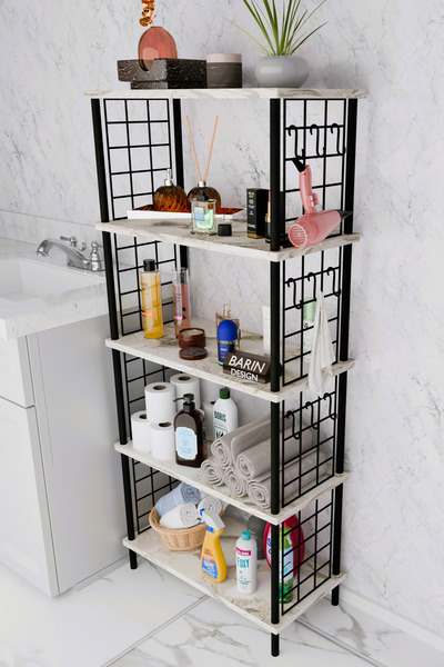 BARIN DESIGN 5 Raflı Çevir-Kur Raf Ünitesi | Telli Metal Gövdeli Organizer | Banyo, Mutfak, Balkon, Antre Uyumlu