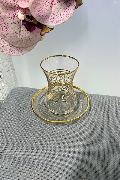 DECOSTYLE Pasabahce İncebelli 125 Cc Gold Detail Printed 12 Piece Tea Set