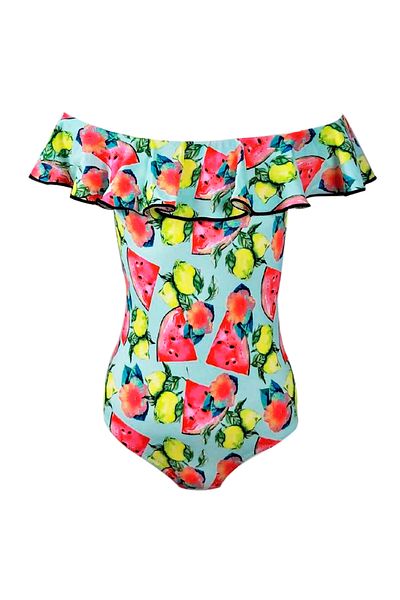 LOOK ME Boat Neck Fruit Patterned Ruffle Girls Swimsuit by Nessi Byrd