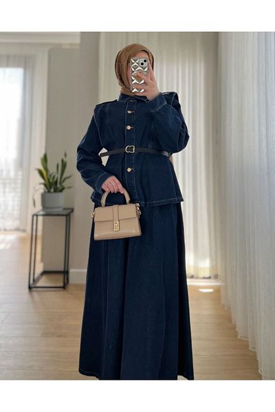 CNG MODA Denim Gold Button Detailed Denim Skirt Suit