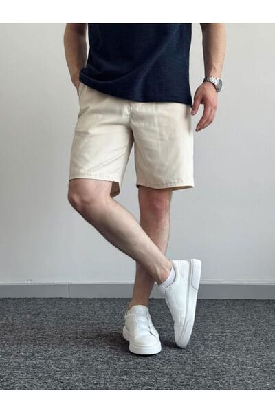 Oliggopol Men's Cream Gabardine Fabric Shorts Premium Quality Elastic Waist Detail Capri