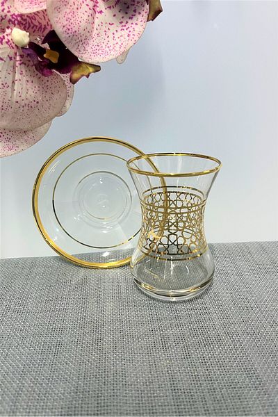 DECOSTYLE Pasabahce İncebelli 125 Cc Gold Detail Printed 12 Piece Tea Set