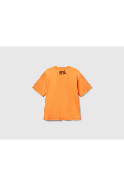 United Colors of Benetton Boy's Orange Openwork Front and Back Printed T-Shirt