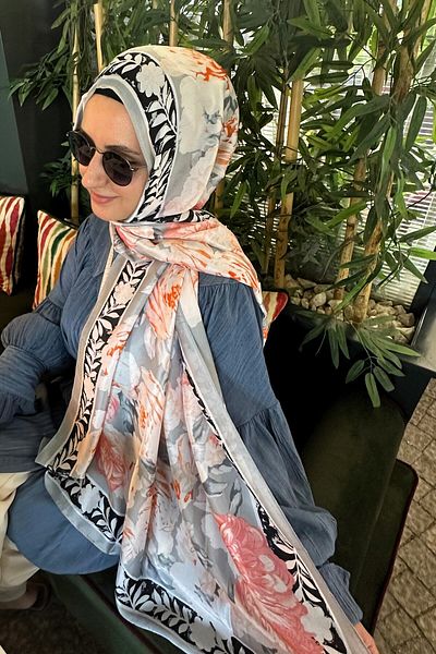 Merve Nayir Imported Silk Voile Rose Flower Pattern Shawl, Floral Pattern Voile Silk Shawl