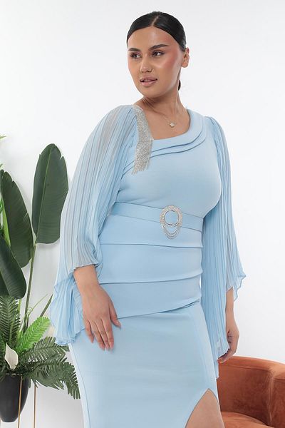 MİSS DİAMOND Stylish Ice Blue Short Dress with Stone Embroidered Belt on the Shoulder