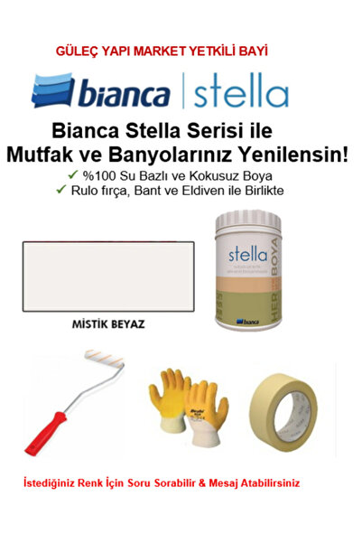 Bianca Stella Su Bazlı Saf Akrilik BOYA ( 1Lt Boya + Rulo fırça, Kağıt Bant v...