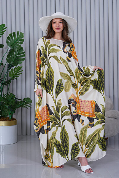 EL jadida Women's Patterned Oversize Plus Size Long Patterned Viscose Dress